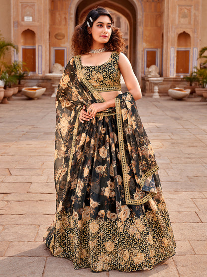 Black Floral Printed Organza Lehenga Choli