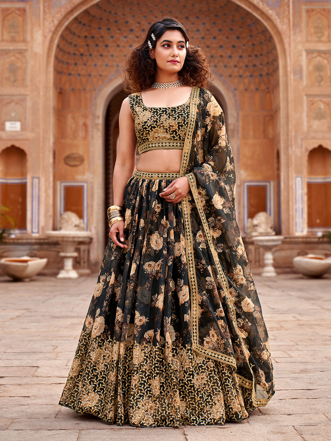 Black Floral Printed Organza Lehenga Choli