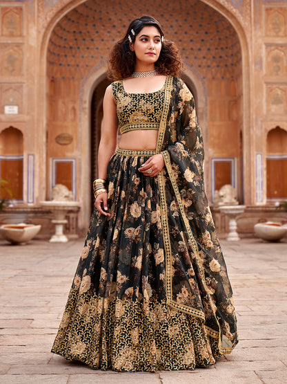 Black Floral Printed Organza Lehenga Choli