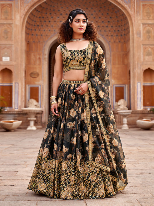 Black Floral Printed Organza Lehenga Choli