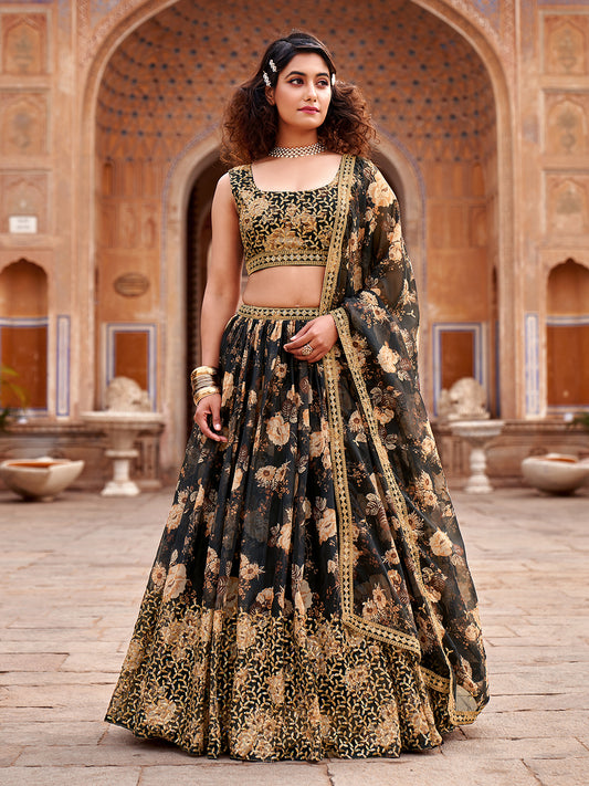 Black Floral Printed Organza Lehenga Choli