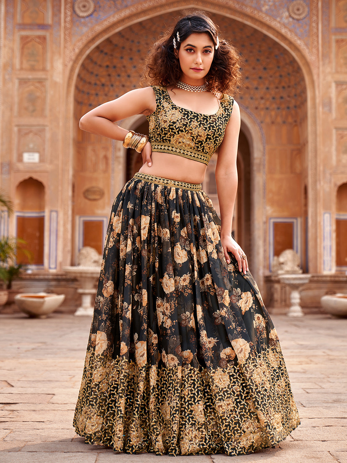 Black Floral Printed Organza Lehenga Choli