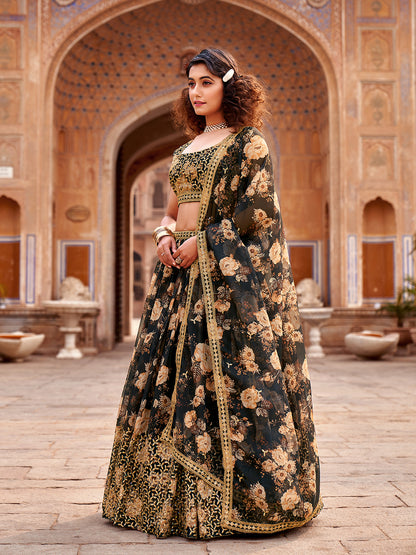 Black Floral Printed Organza Lehenga Choli