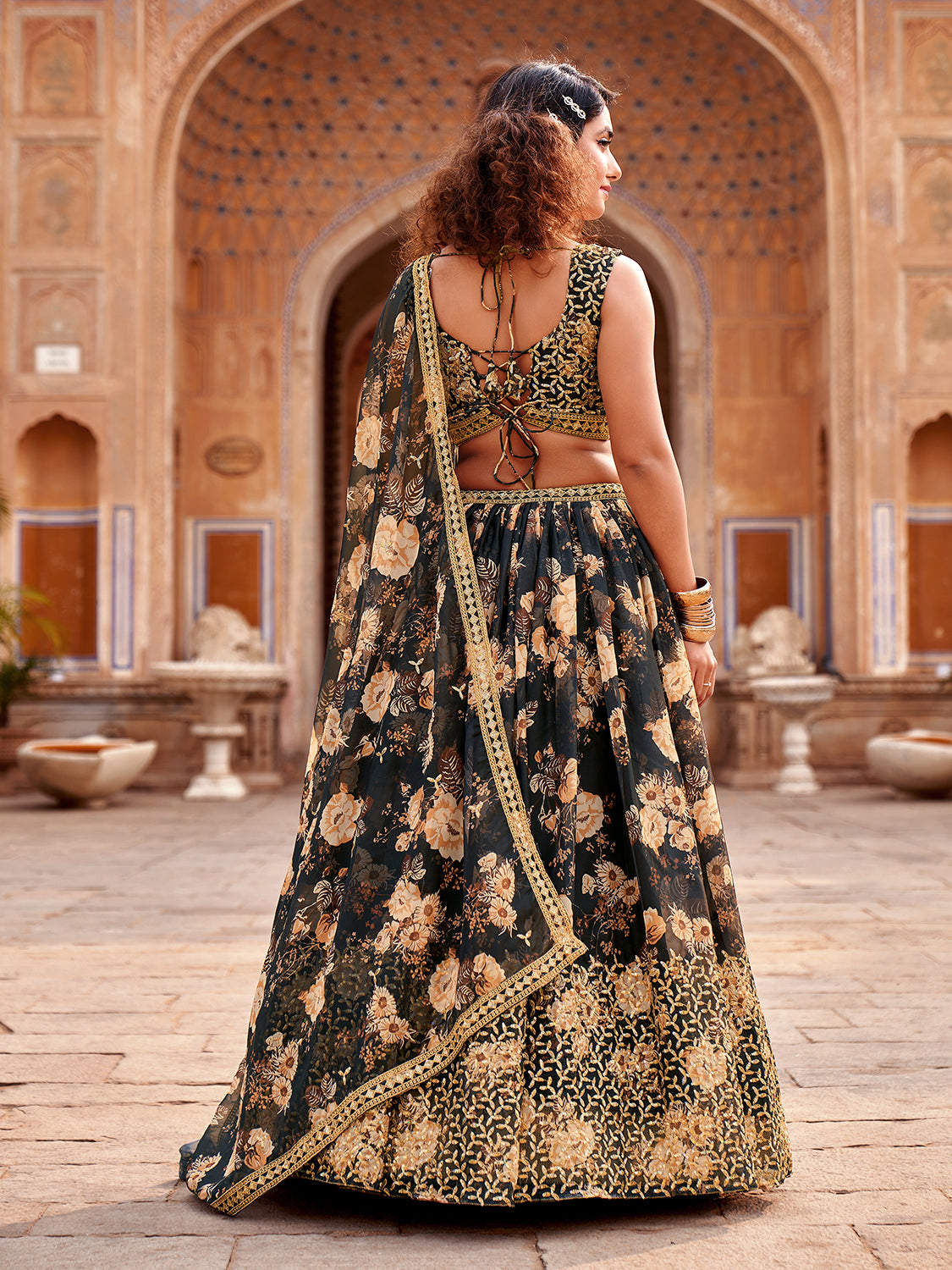 Black Floral Printed Organza Lehenga Choli