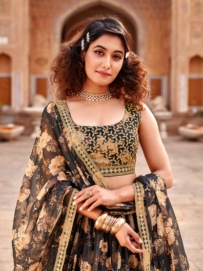 Black Floral Printed Organza Lehenga Choli
