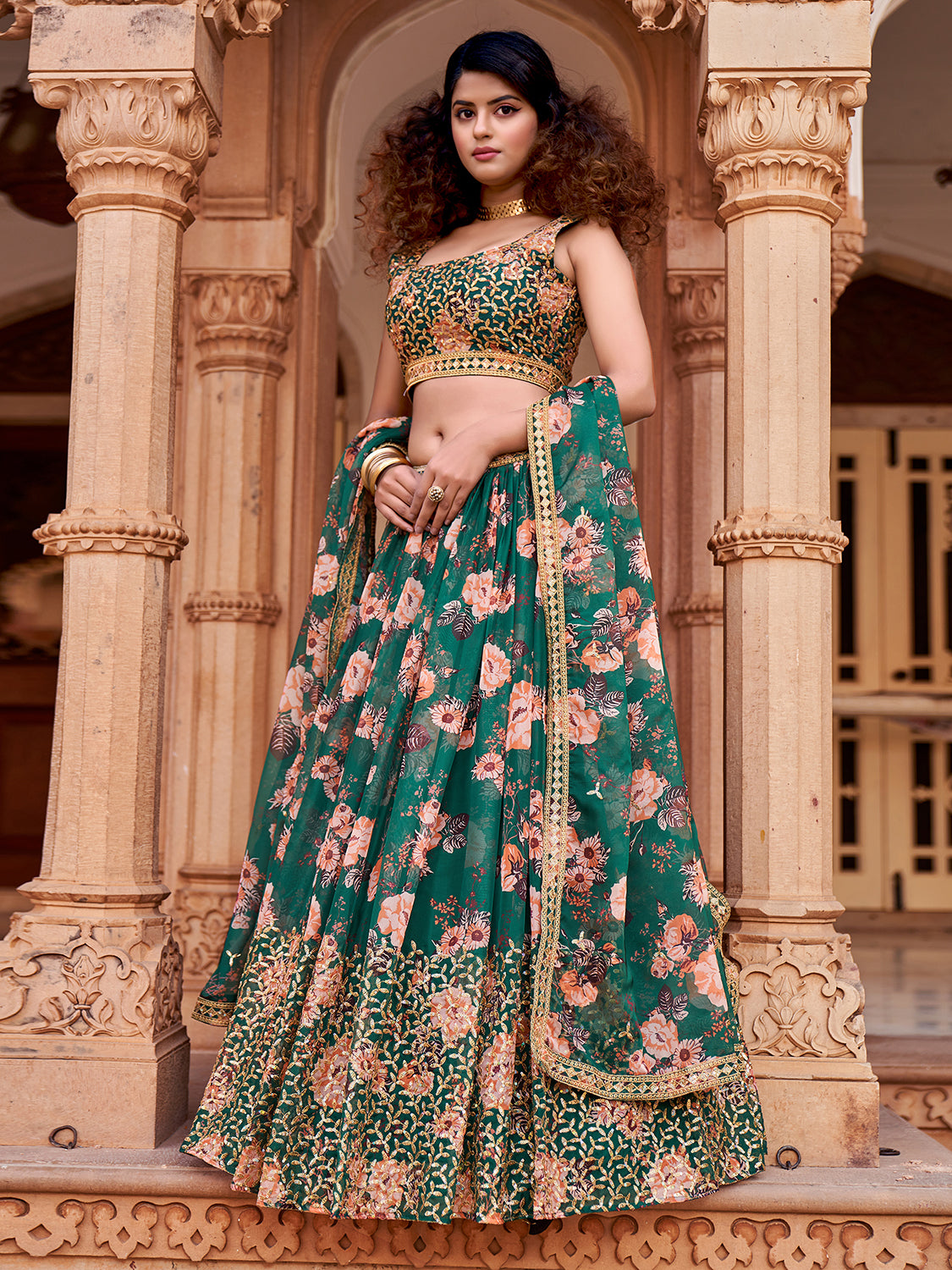 Green Floral Printed Sequins Organza Lehenga Choli