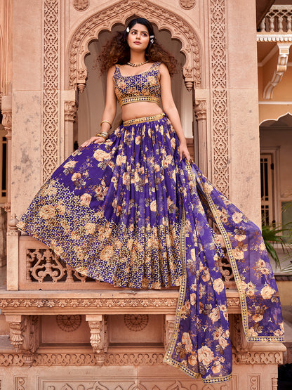 Purple Floral Printed Organza Lehenga Choli