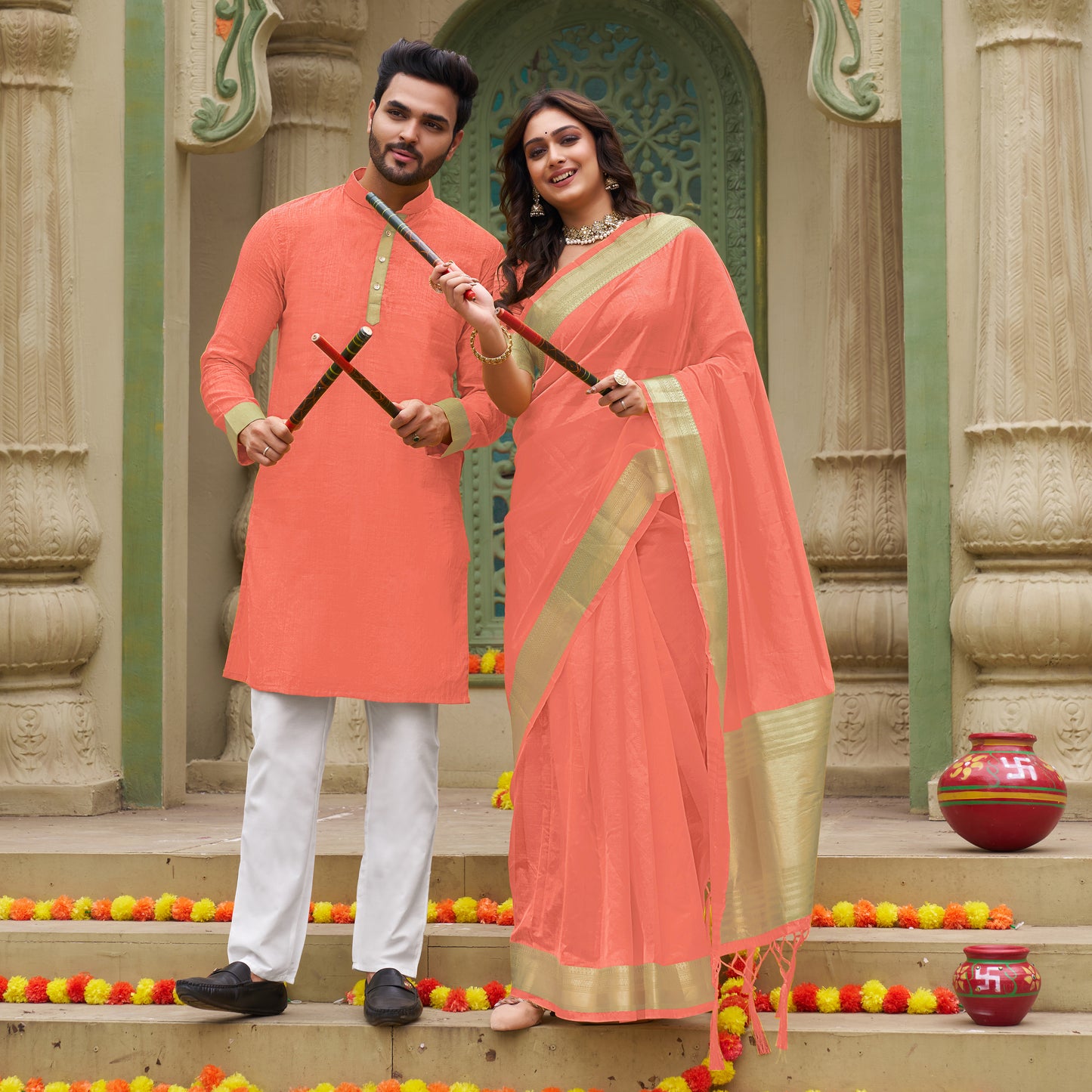 Peach Silk Couple Wear Saree with Kurta