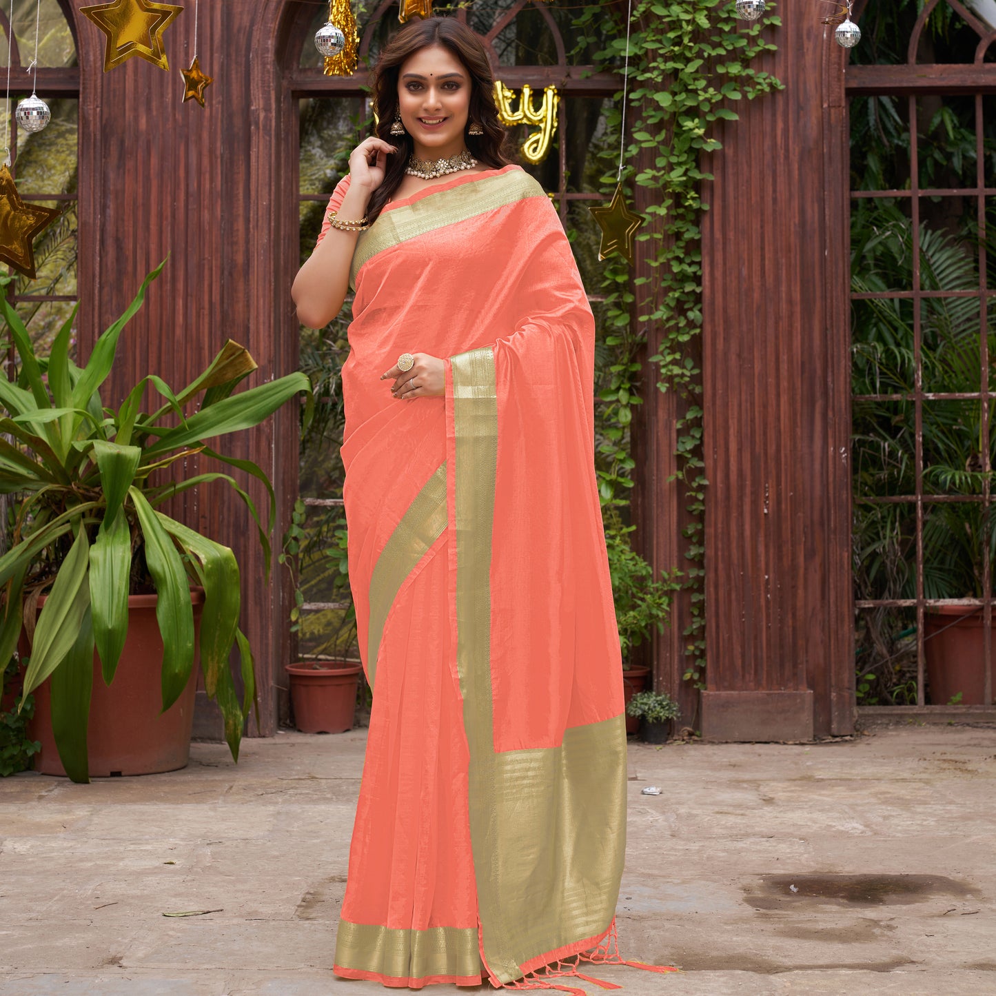 Peach Silk Couple Wear Saree with Kurta