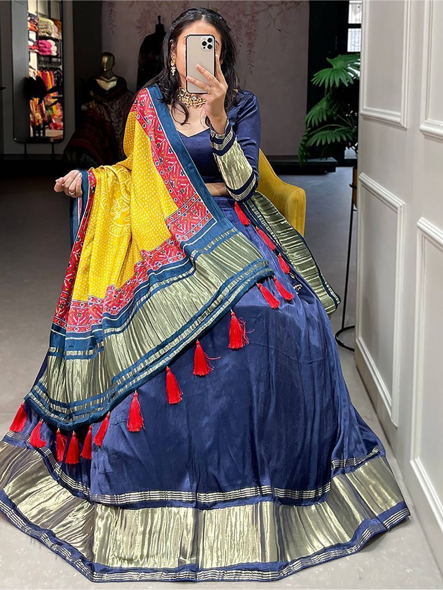 Navratri Wear Navy Blue Gaji Silk Digital Printed Lehenga Choli