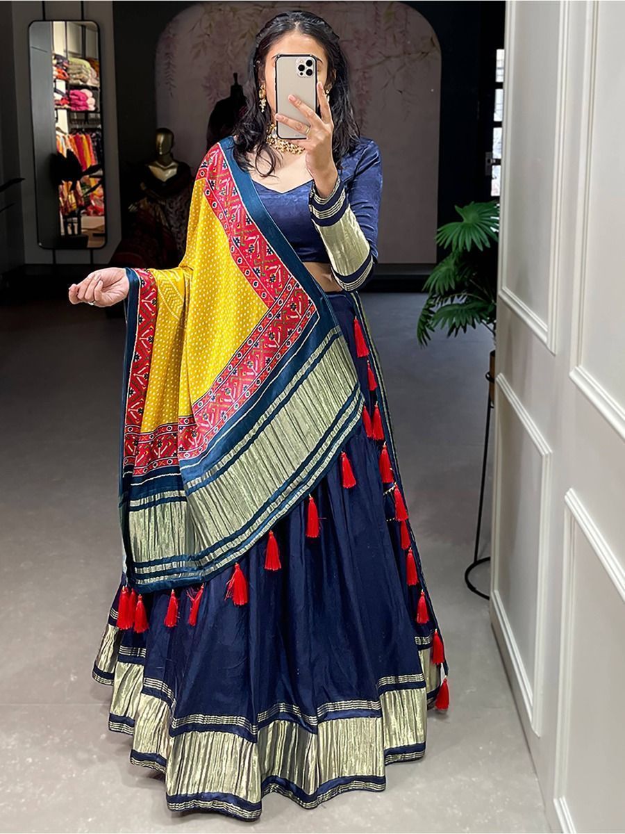 Navratri Wear Navy Blue Gaji Silk Digital Printed Lehenga Choli