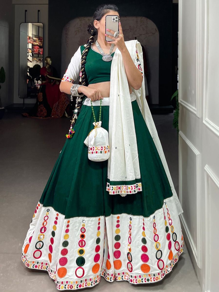 White & Green Navratri Special Mirror Work Cotton Lehenga Choli