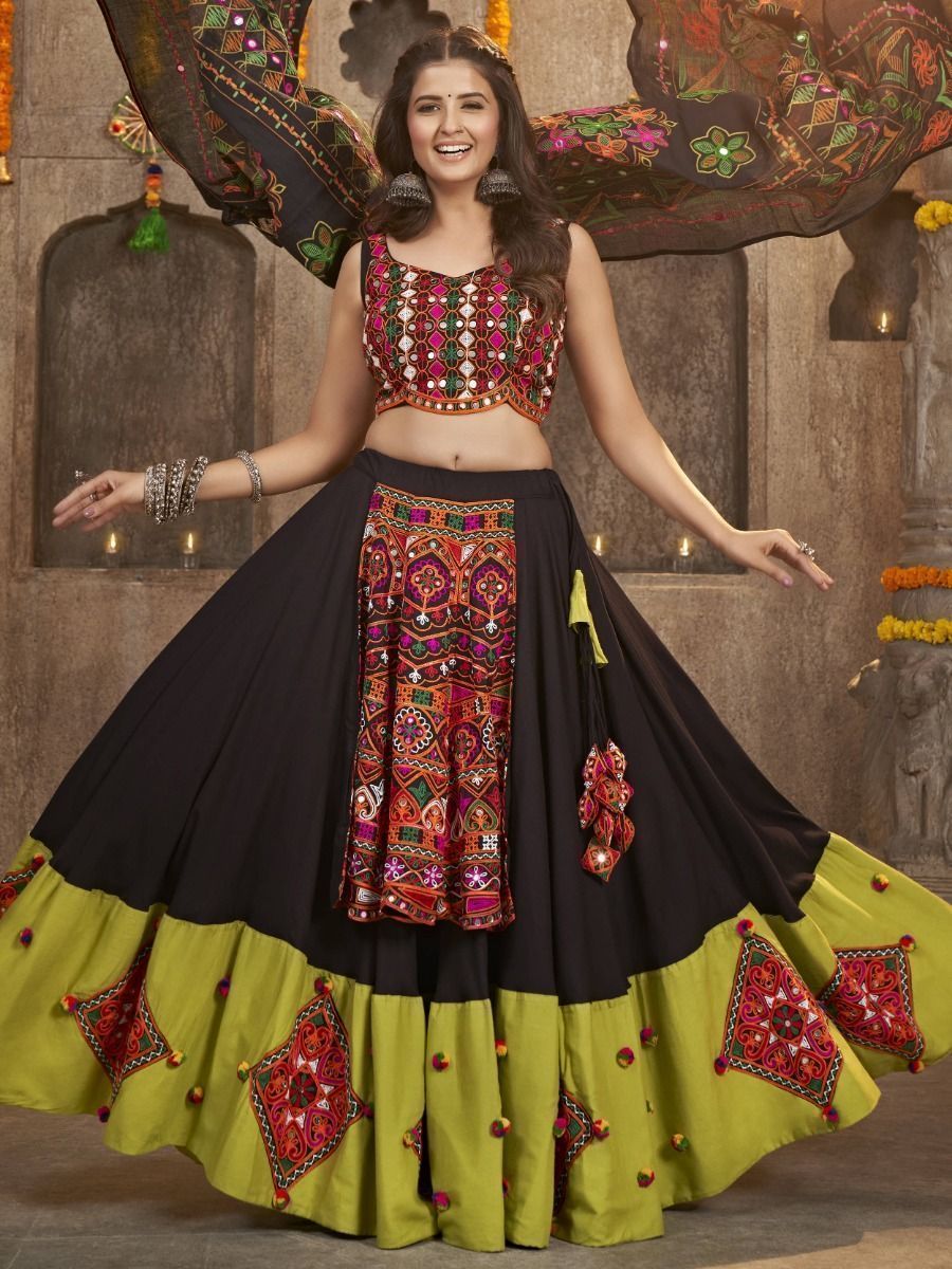 Deep Black Navratri Special Mirror Worked Rayon Lehenga Choli