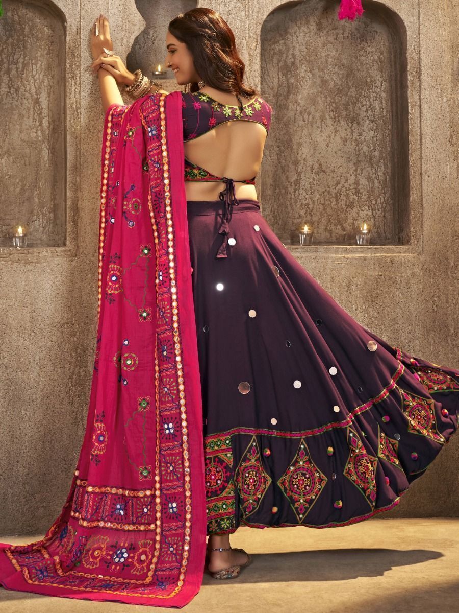Dark Purple Navratri Special Mirror Worked Rayon Lehenga Choli