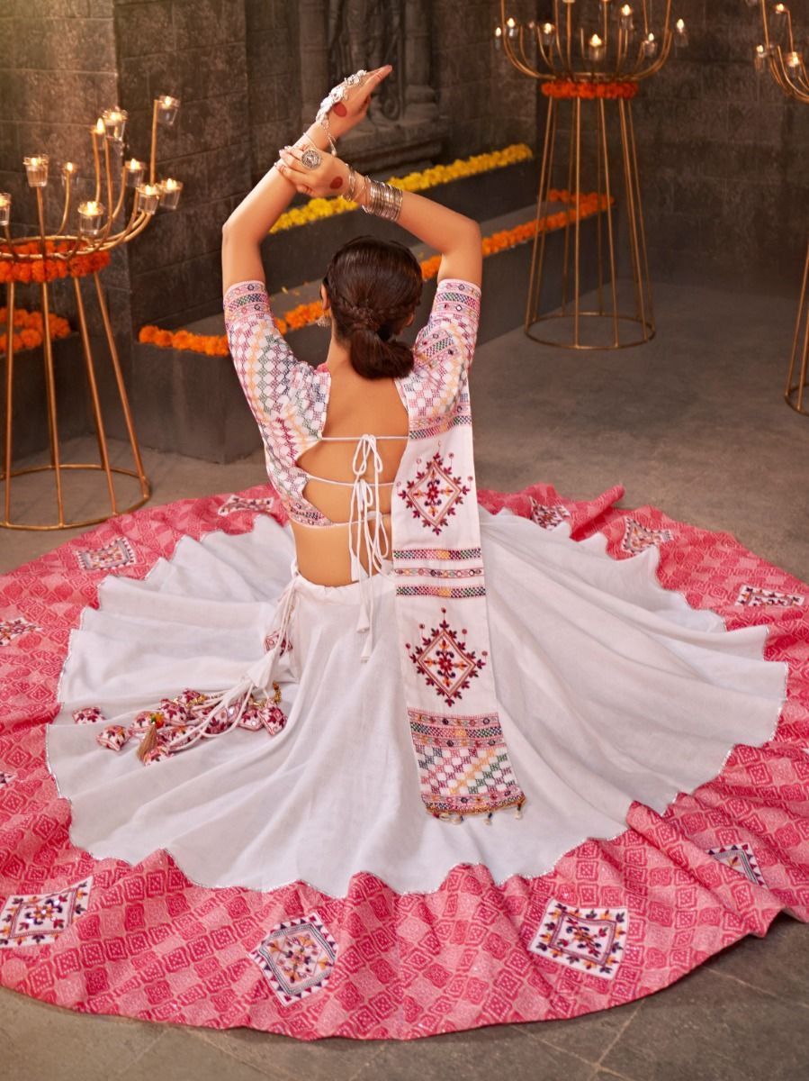 White Navratri Special Mirror Worked Rayon Lehenga Choli