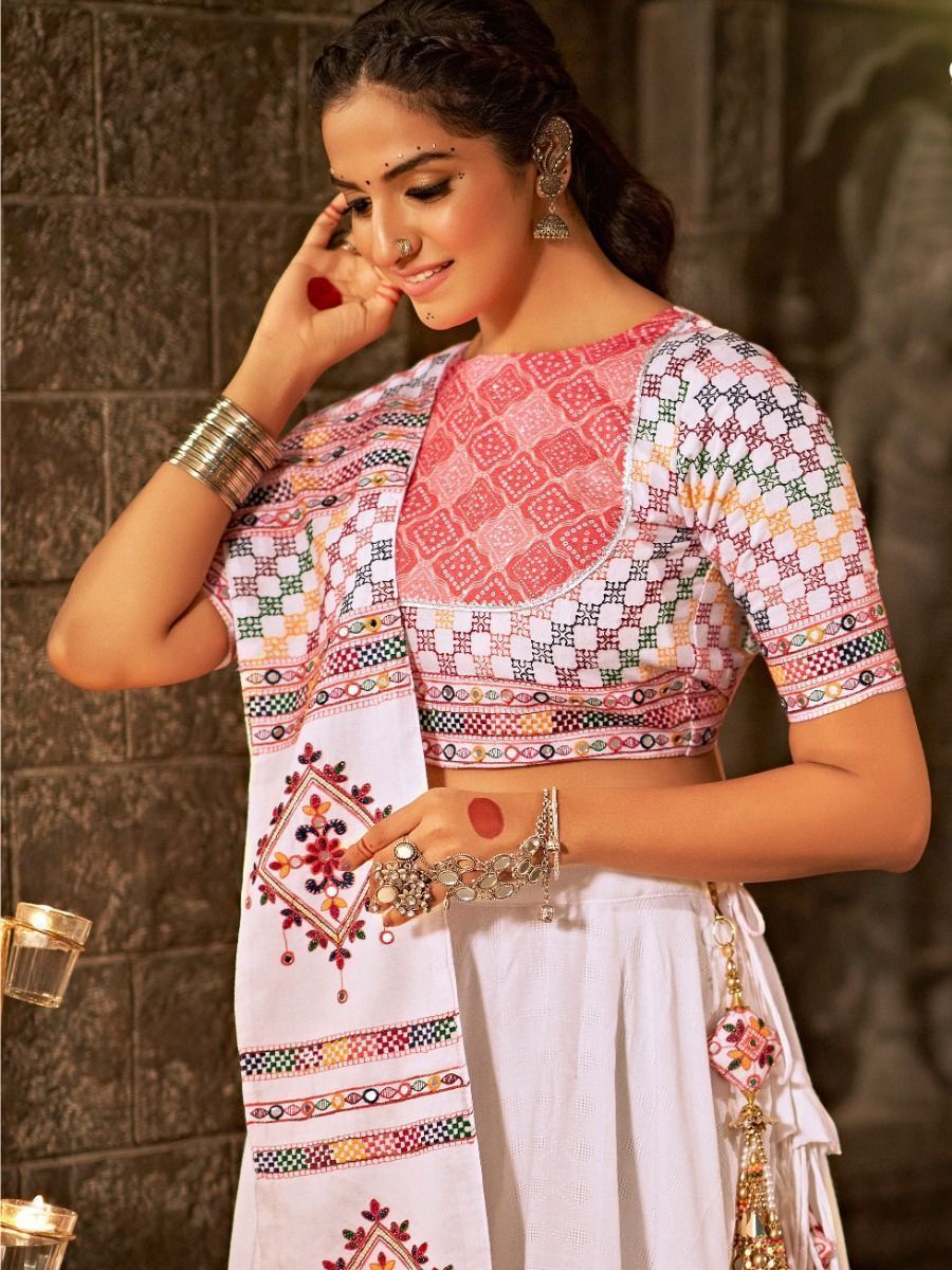 White Navratri Special Mirror Worked Rayon Lehenga Choli