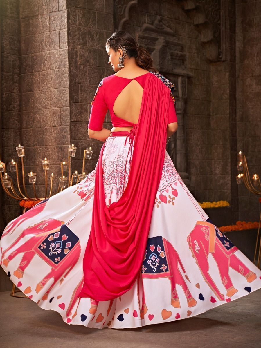 White & Multi Navratri Special Mirror Worked Rayon Lehenga Choli