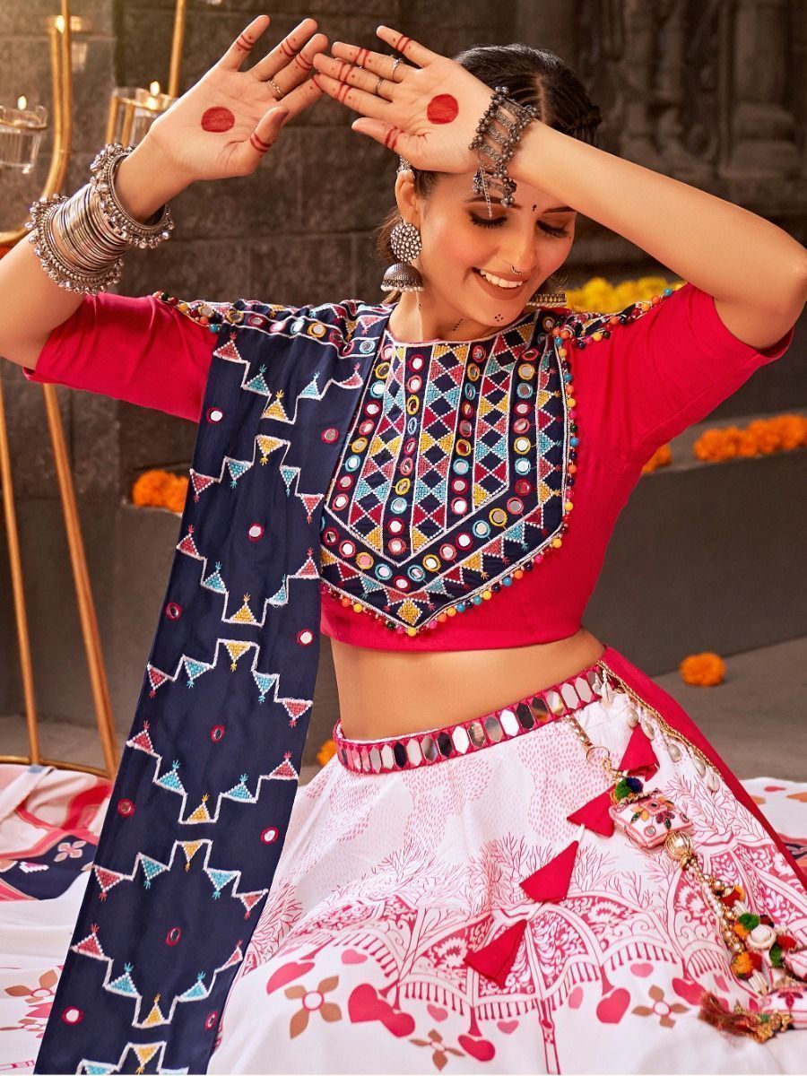 White & Multi Navratri Special Mirror Worked Rayon Lehenga Choli