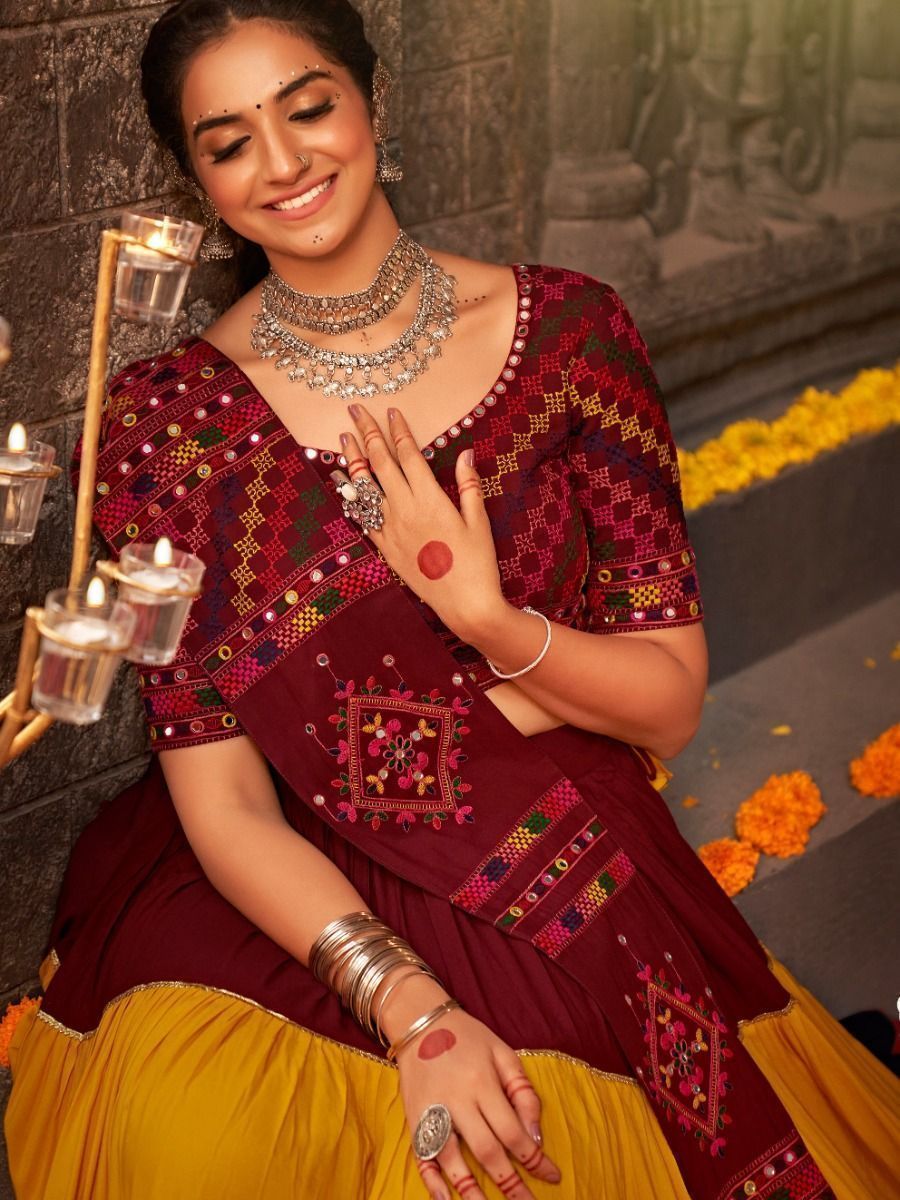Multicolor Navratri Special Mirror Worked Rayon Lehenga Choli