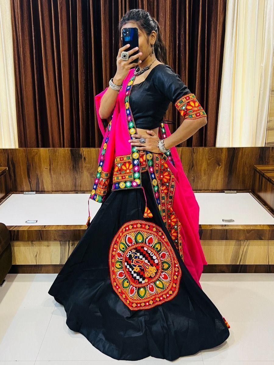Black & Pink Navratri Special Gamthi Work Cotton Lehenga Choli
