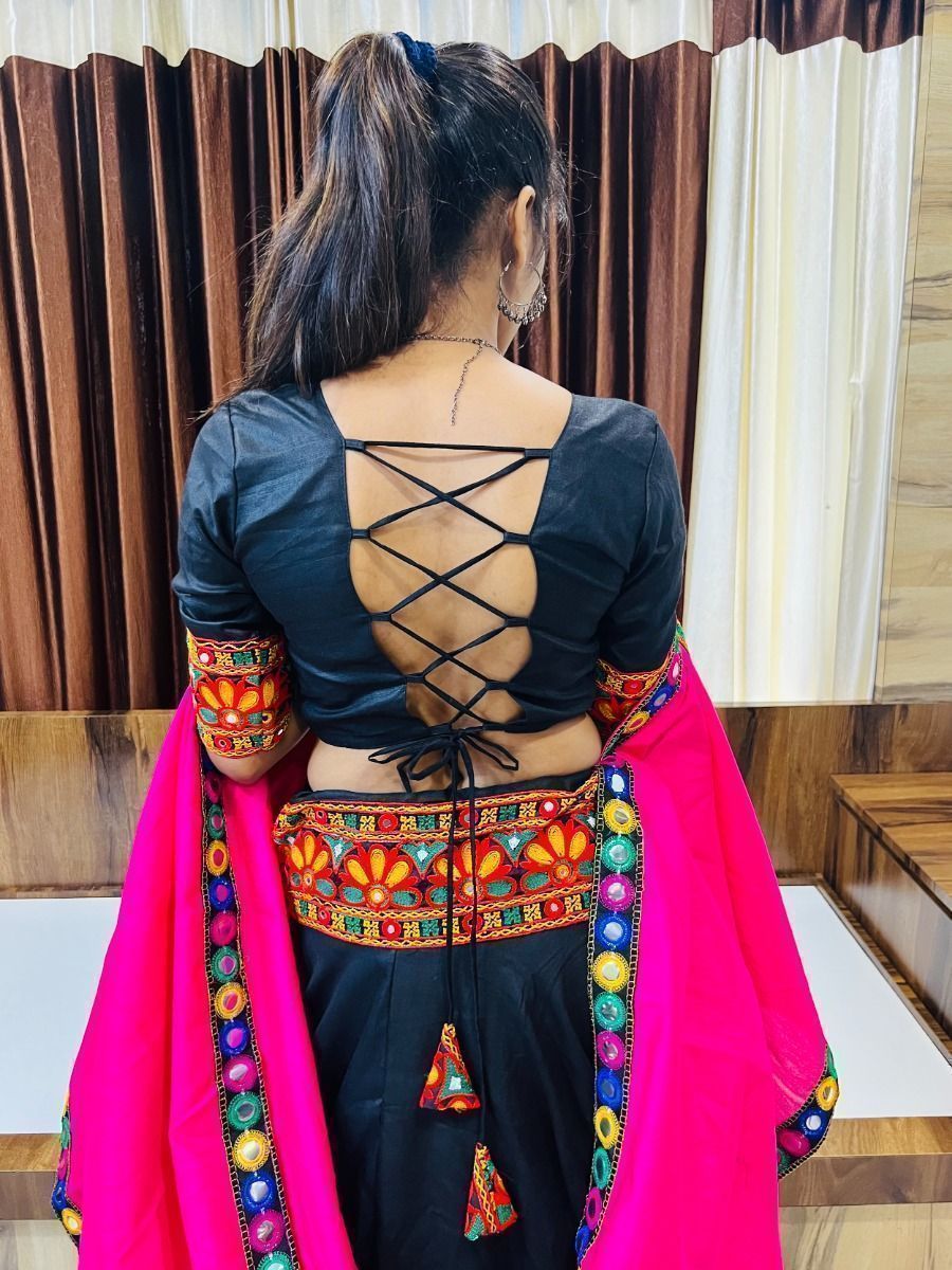 Black & Pink Navratri Special Gamthi Work Cotton Lehenga Choli