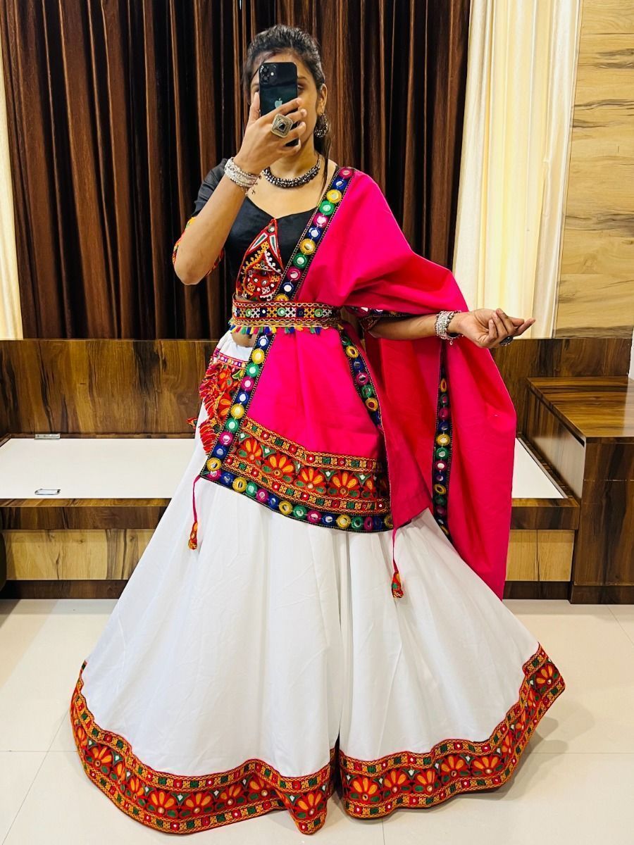 White & Pink Embroidered Cotton Navratri Wear Lehenga Choli