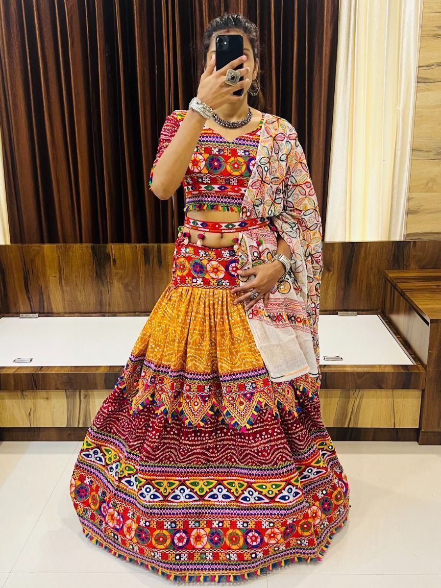 Multicolor Embroidered Cotton Navratri Wear Lehenga Choli