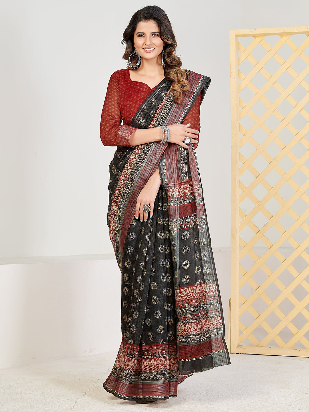 Brilliant Black and Red Linen Blend Block Print Casual Wear Saree With Blouse
