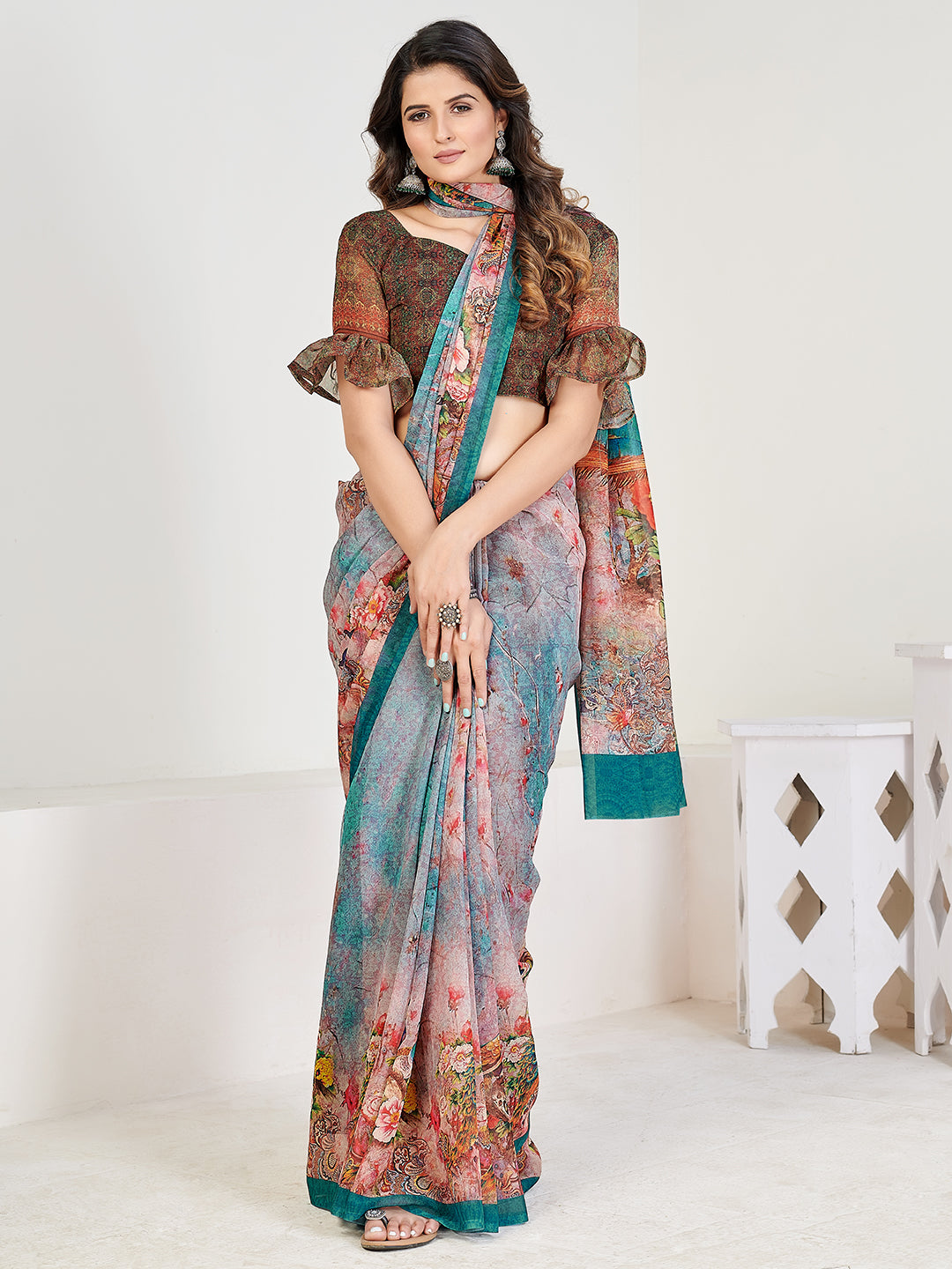 Party Wear Teal and Blue Georgette Printed Saree With Blouse