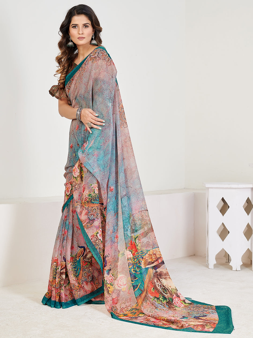 Party Wear Teal and Blue Georgette Printed Saree With Blouse