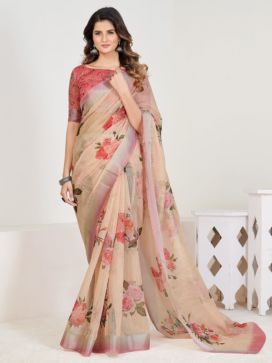 Attrative Beige and Peach Linen Blend Floral Casual Wear Saree