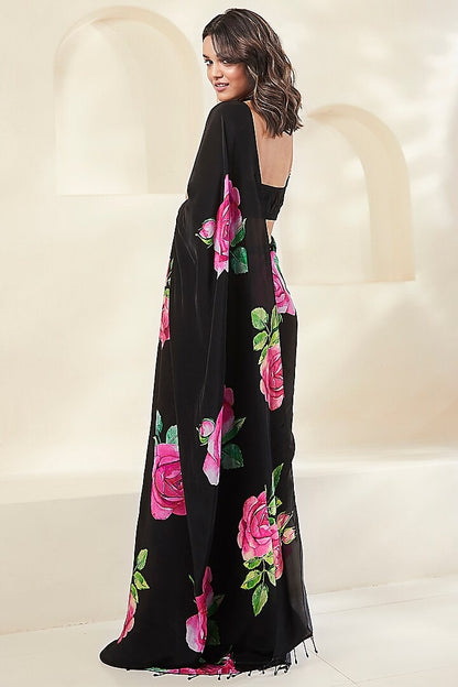 Black Floral Print Saree