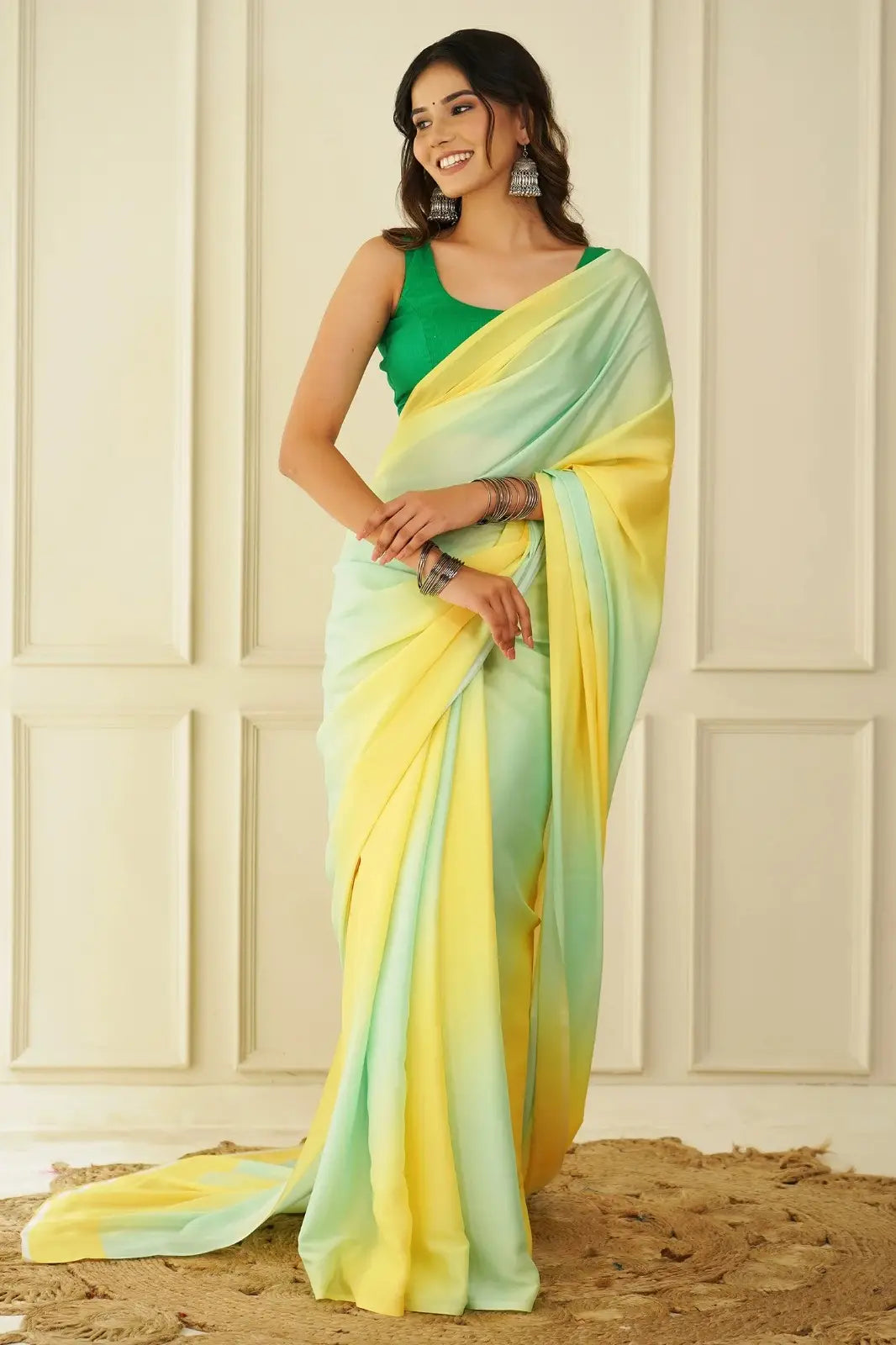 Yellow & Multi Floral Print Saree