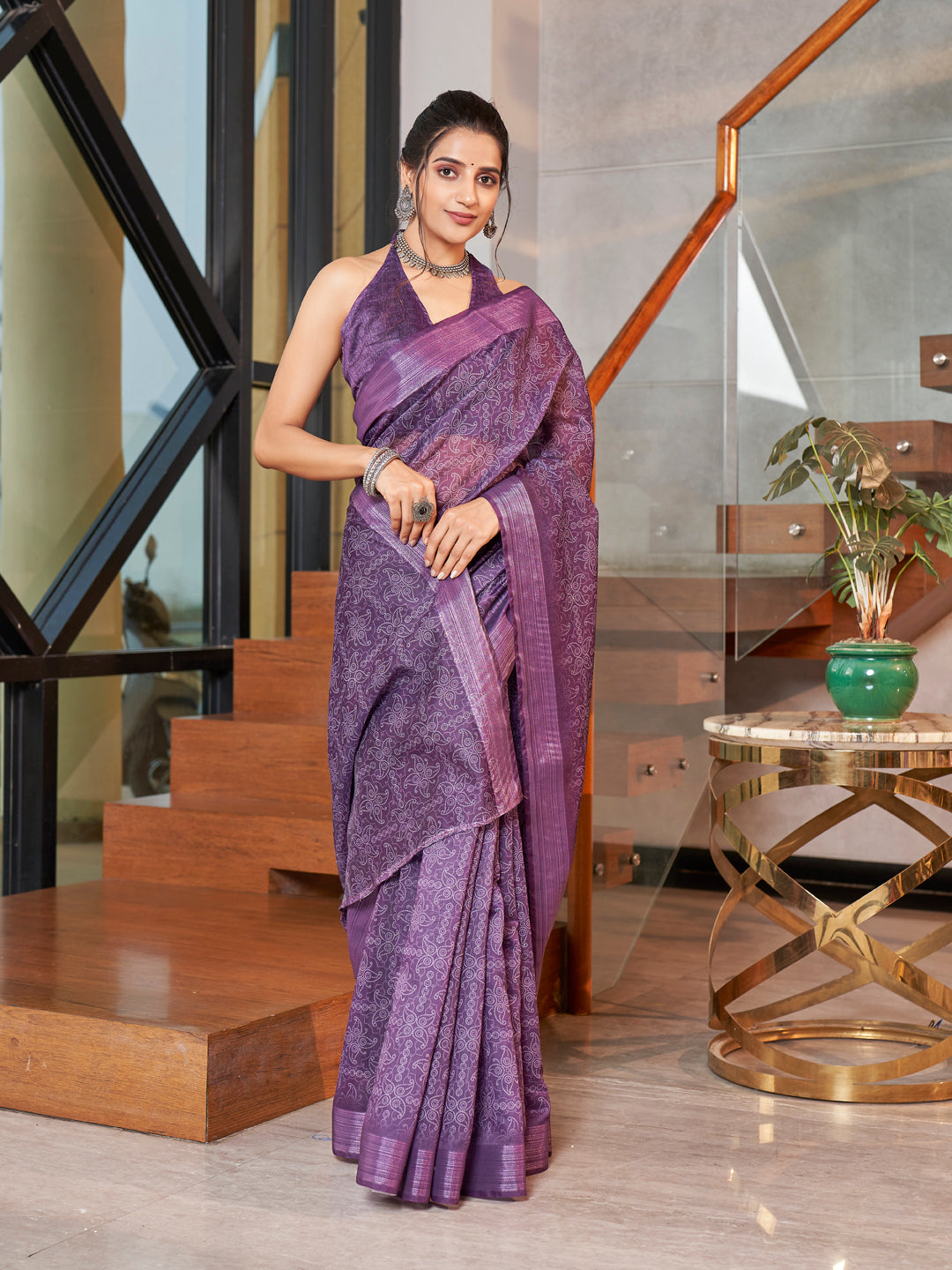 Lavender Blue Printed Zari Cotton Silk Saree