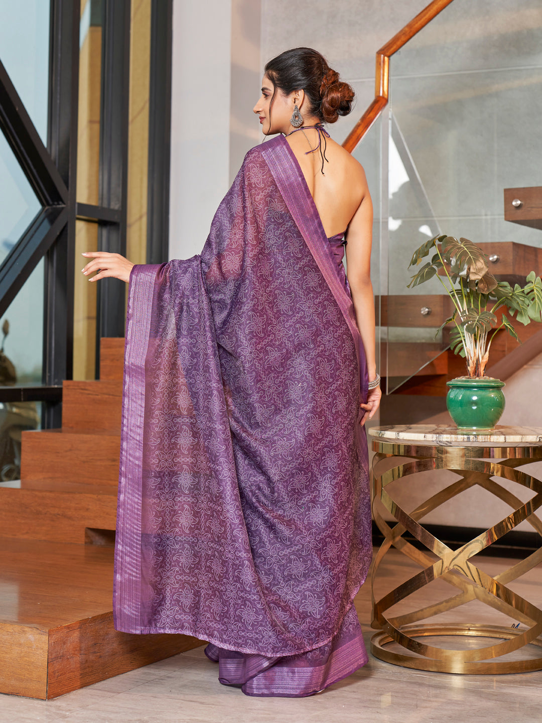 Lavender Blue Printed Zari Cotton Silk Saree