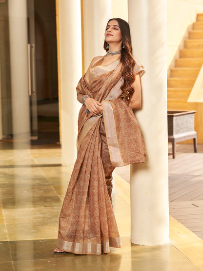 Brown Printed Zari Cotton Silk Saree