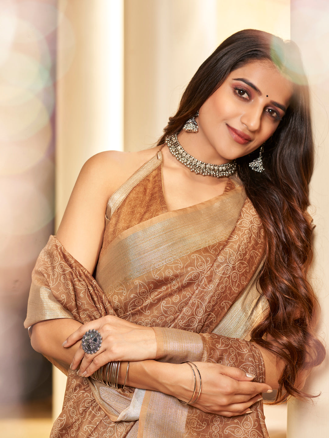 Brown Printed Zari Cotton Silk Saree