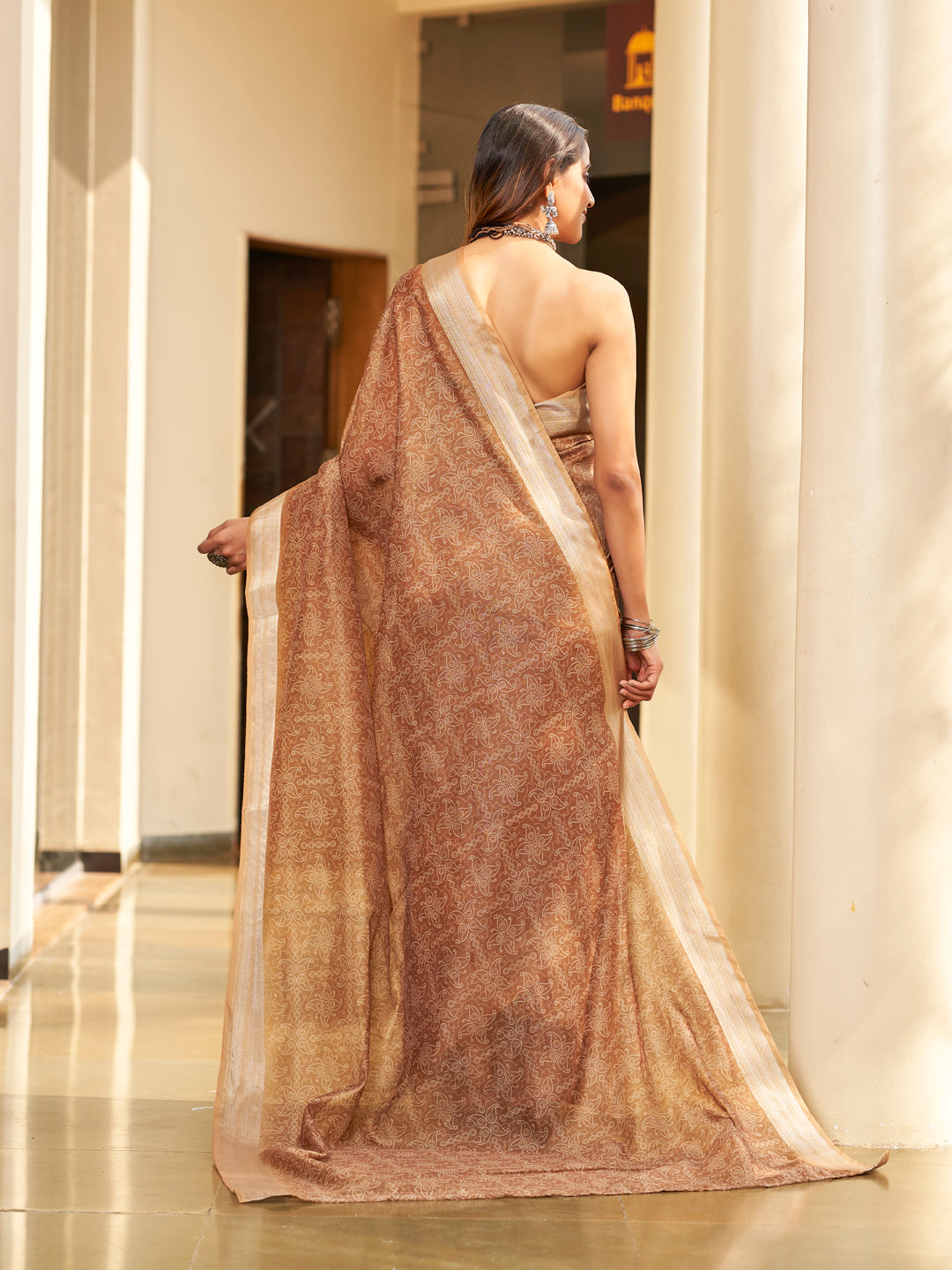 Brown Printed Zari Cotton Silk Saree