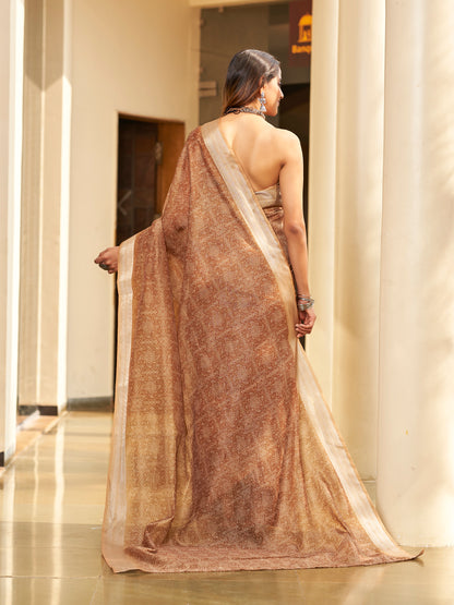 Brown Printed Zari Cotton Silk Saree