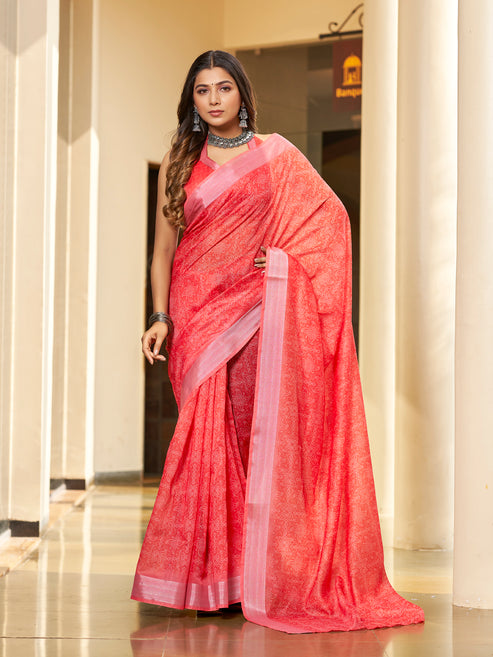 Orange Red Printed Zari Cotton Silk Saree