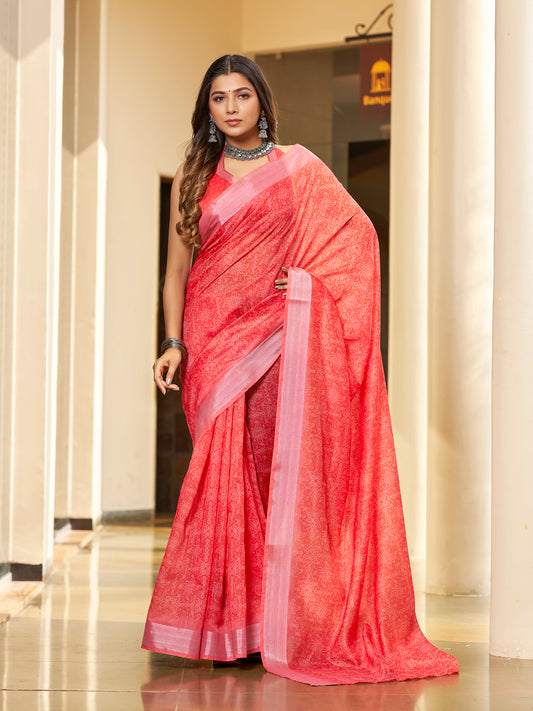 Orange Red Printed Zari Cotton Silk Saree