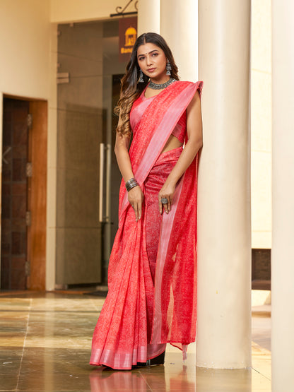 Orange Red Printed Zari Cotton Silk Saree