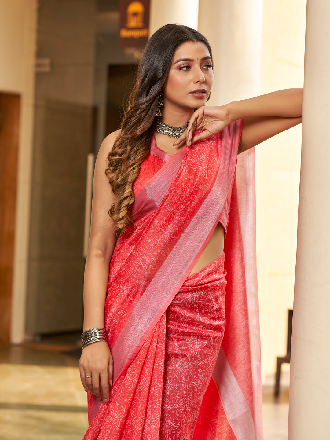 Orange Red Printed Zari Cotton Silk Saree