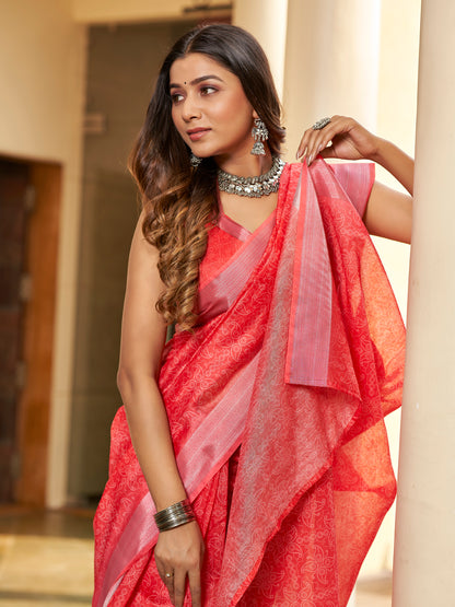 Orange Red Printed Zari Cotton Silk Saree