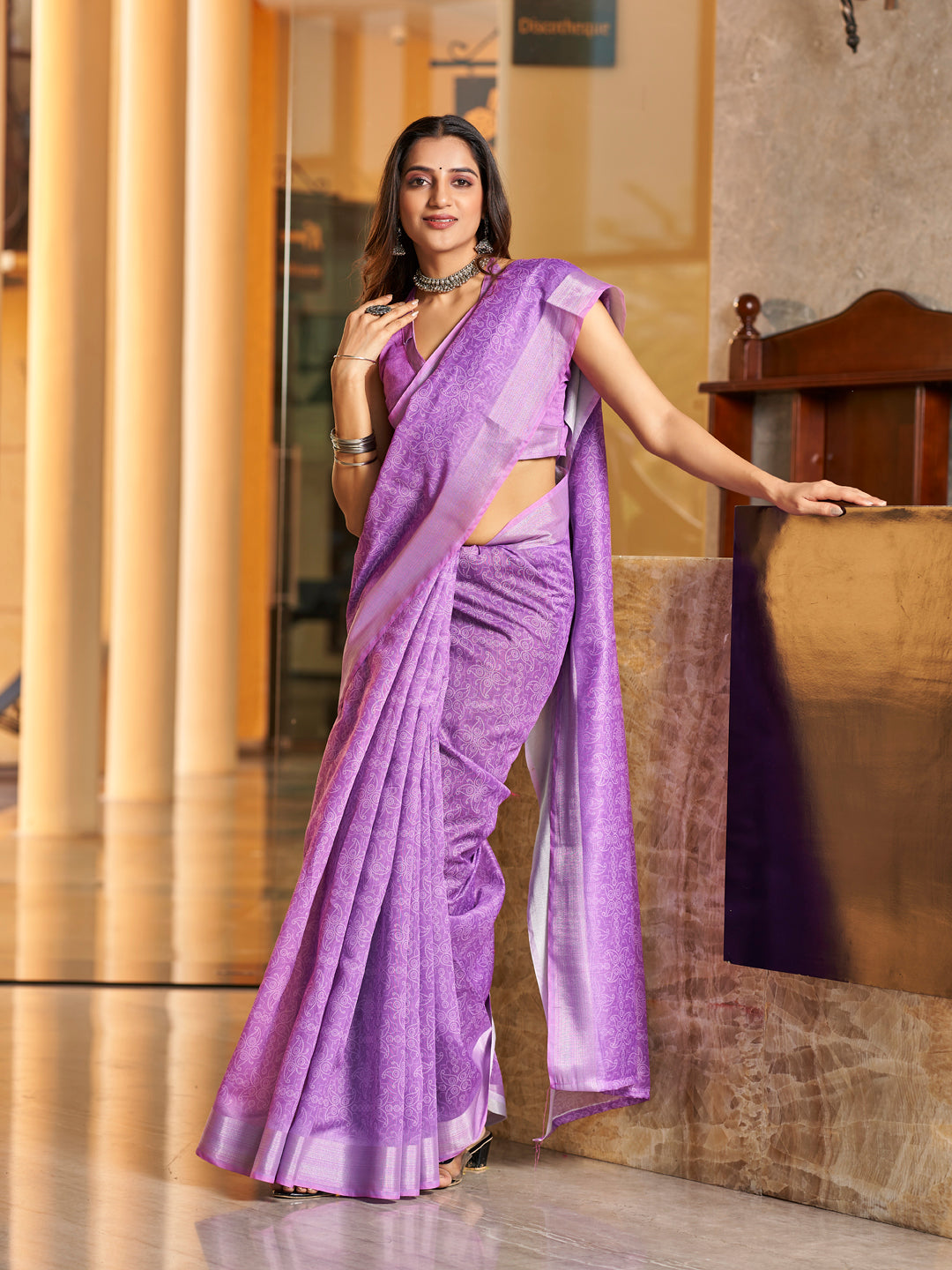 Lilac Purple Printed Zari Cotton Silk Saree