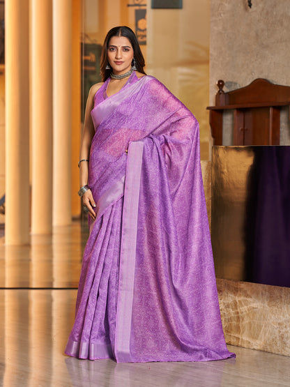 Lilac Purple Printed Zari Cotton Silk Saree