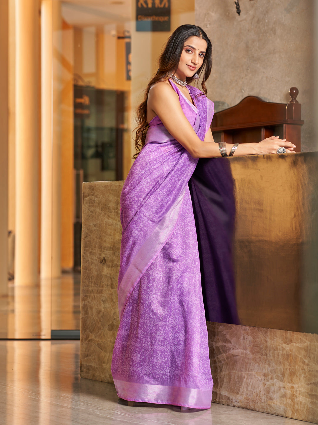 Lilac Purple Printed Zari Cotton Silk Saree