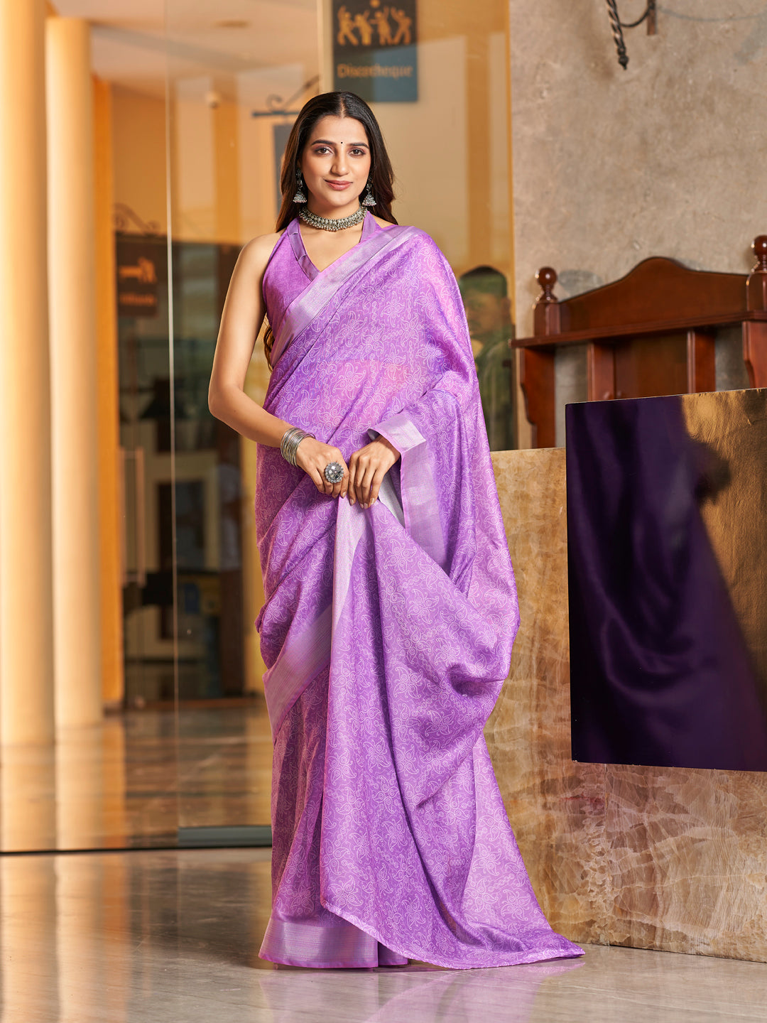 Lilac Purple Printed Zari Cotton Silk Saree