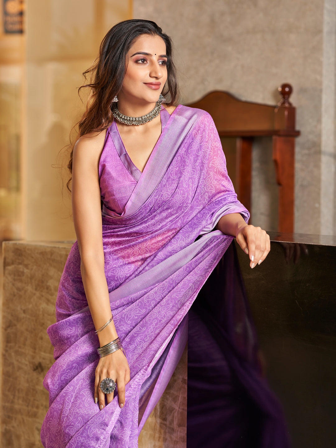 Lilac Purple Printed Zari Cotton Silk Saree