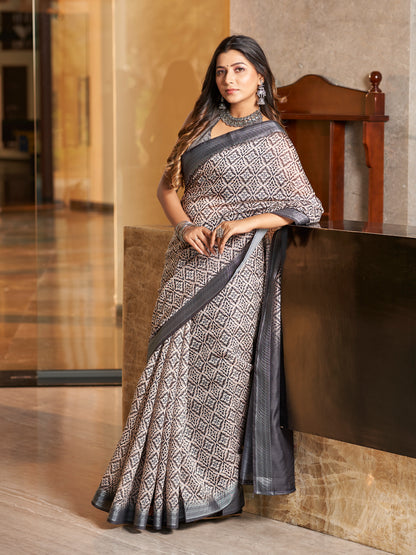 Grey Printed Zari Cotton Silk SareePrinted Zari Cotton Silk Saree